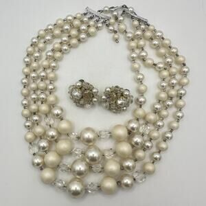 Vintage 4 multi strand AB glass lucite pearls beaded necklace clip on earrings